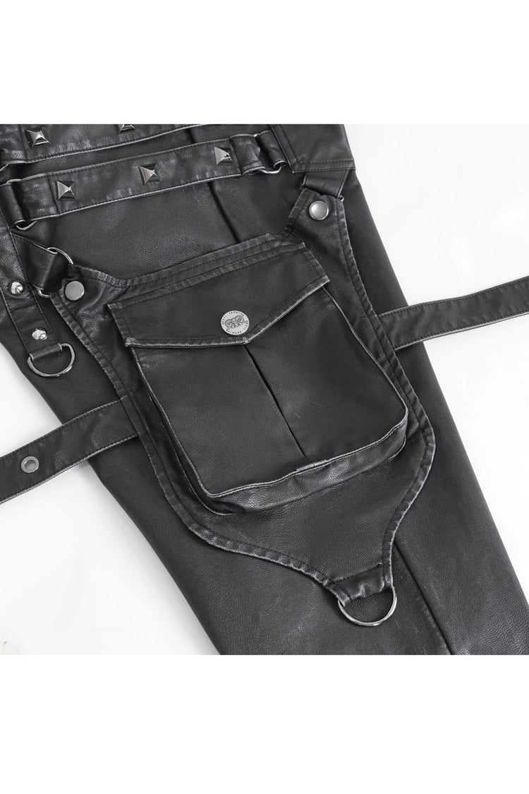 Black Big Pocket Faux Leather Men's Gothic Pants - Product - 9