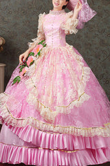 Pink Half Sleeves Lace Stitching High Waisted Hollow Embroidery Floral Print Ruffled Multi-Layer Victorian Lolita Prom Dress - Pink - 1