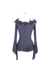 Black Knit One-Word Shoulder Rose Decoration Collar Waist Side Splice Lace Up Flare Sleeve Women's Gothic Shirt - Product - 7