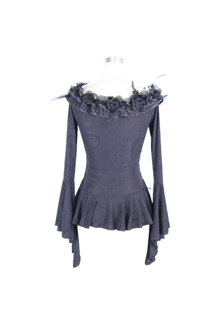Black Knit One-Word Shoulder Rose Decoration Collar Waist Side Splice Lace Up Flare Sleeve Women's Gothic Shirt - Product - 7