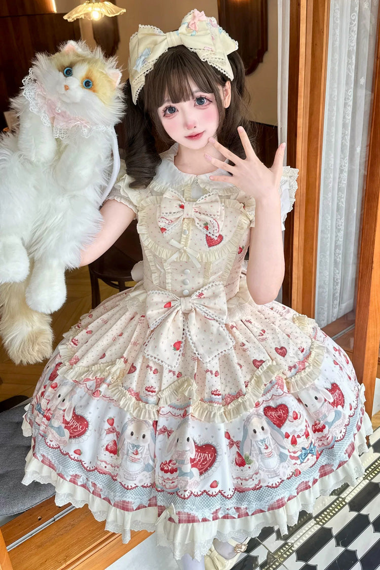 Yellow [Sweet Bunny Party] Square Collar Sleeveless Printed Ruffled Bow Sweet Lolita Jsk Dress Set - Yellow(Short-Sleeves-Set) - 1