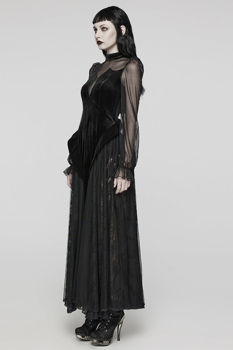 Black Long Sleeves Ruffle Lace Lace-Up Mesh Women's Gothic Dress - Product - 2