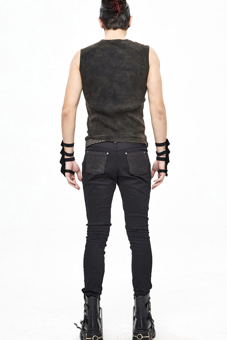 Brown Lace Up Striped Shoulder Armor Shape Chest Knitting Men's Punk Vest - Product - 6