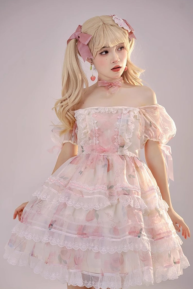 Pink Chiffon Organza Short Sleeves Multi-layer Peach Print Sweet Lolita Jsk Dress - Product - 6