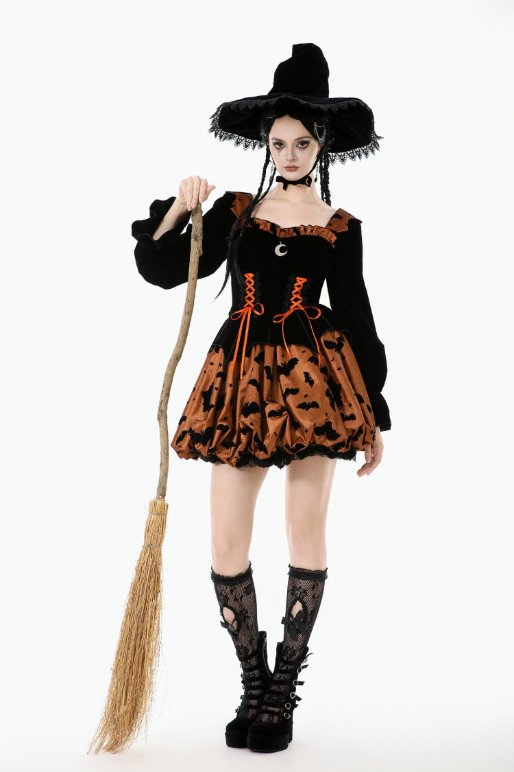 Black/Orange Square Collar Long Sleeves Bat Printed Lace-Up Women's Gothic Pumpkin Halloween Dress - Product - 5
