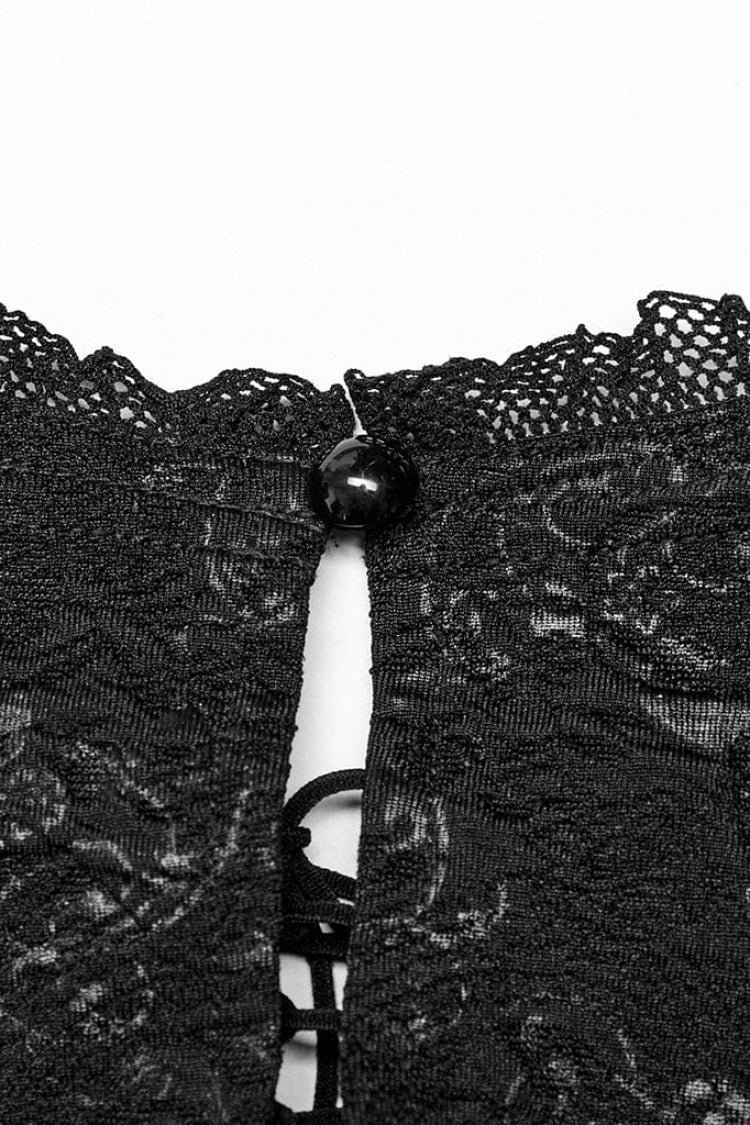 Black Off Shoulder Jacquard Hollow Stitching Lace Womens Gothic T-Shirt - Product - 7