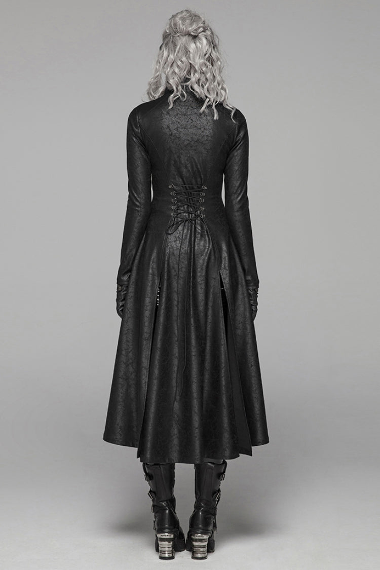 Black Stand Collar Long Sleeves Metal Ring Woven Strap Womens Gothic Long Coat - Product - 3