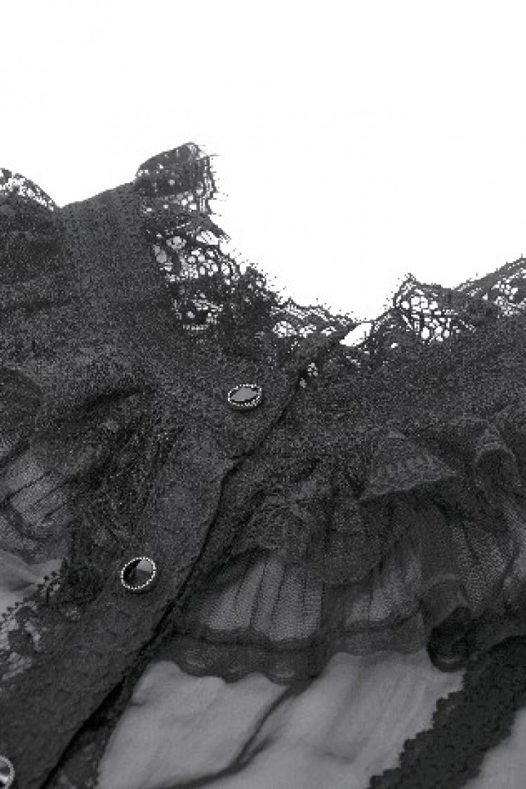 Black Multi-Layered Ruffled Lace Short Puff Sleeves Sheer Women's Courtly Gothic Blouse - Product - 12