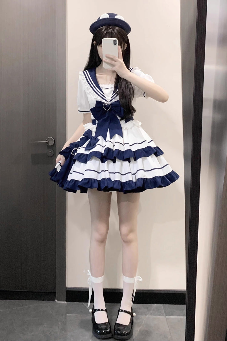 Dark Blue Navy Style Short Sleeves Double Layer Ruffle Bowknot Lace Sweet Lolita Dress - Product - 9