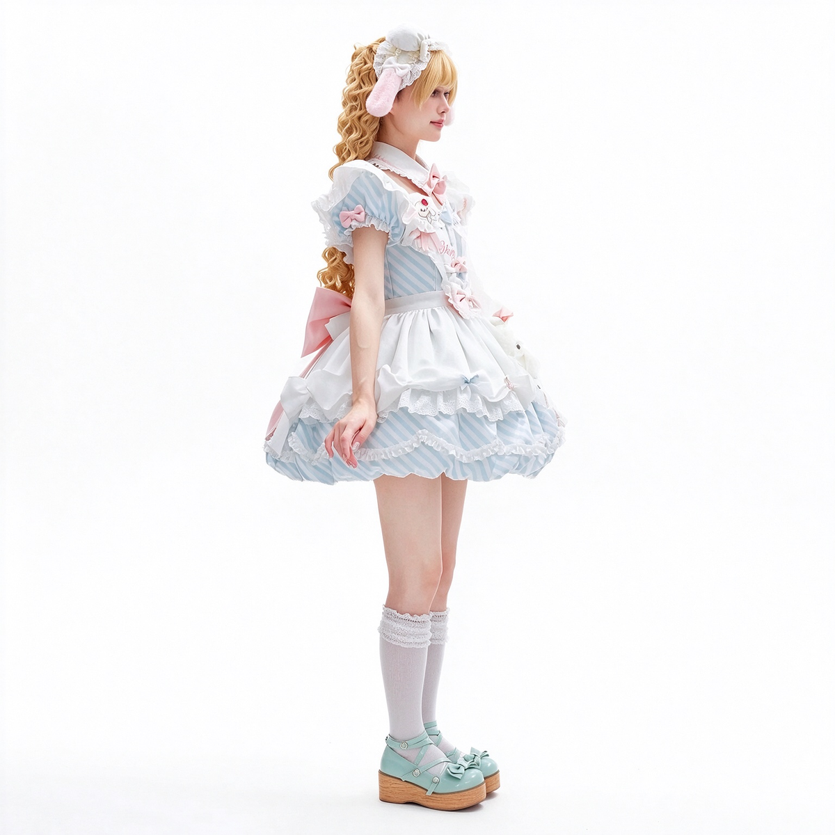 Light Blue and Pink Ruffled Maid Sweet Lolita Dress with Apron Bow Accent - view 5