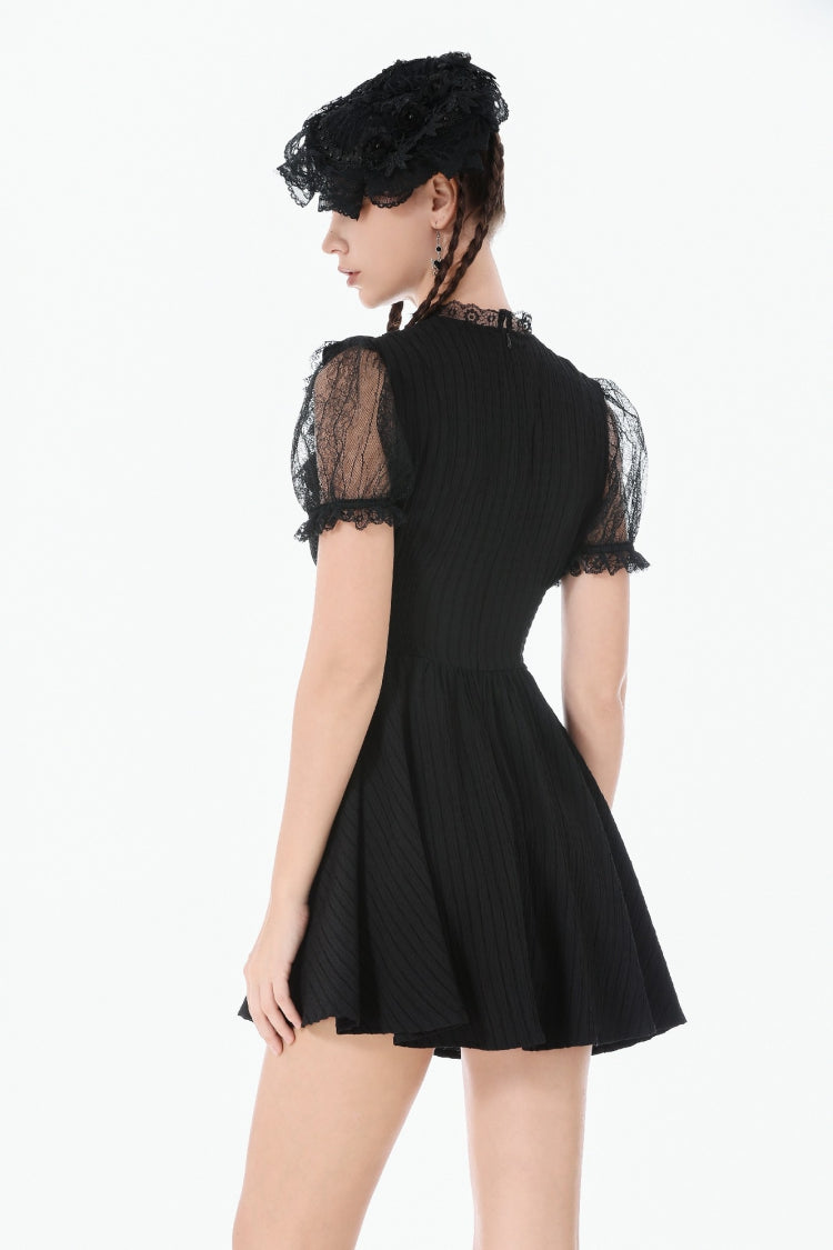Black Lace Short Sleeves Cross Ruffled Women's Gothic Graduation Dress - Product - 6