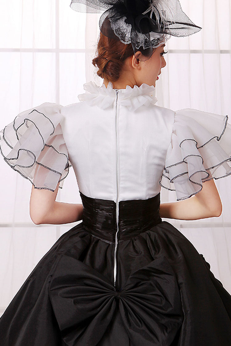White/Black Stitching Short Sleeves High Waisted Back Zipper Bowknot Victorian Lolita Prom Dress - Product - 5