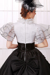 White/Black Stitching Short Sleeves High Waisted Back Zipper Bowknot Victorian Lolita Prom Dress - Product - 5