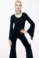 Black Sexy Pattern Comfortable Horn Sleeves Velvet Womens Gothic T-Shirt - Product - 2