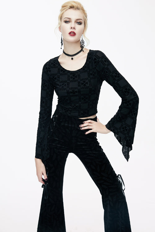 Black Sexy Pattern Comfortable Horn Sleeves Velvet Womens Gothic T-Shirt - Product - 2