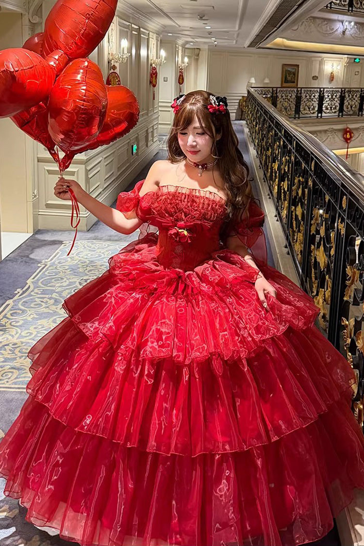 Red [Mousse Love Song] Sleeveless Multi-Layered Ruffled Hanayome Bow Sweet Lolita Dress - Product - 6