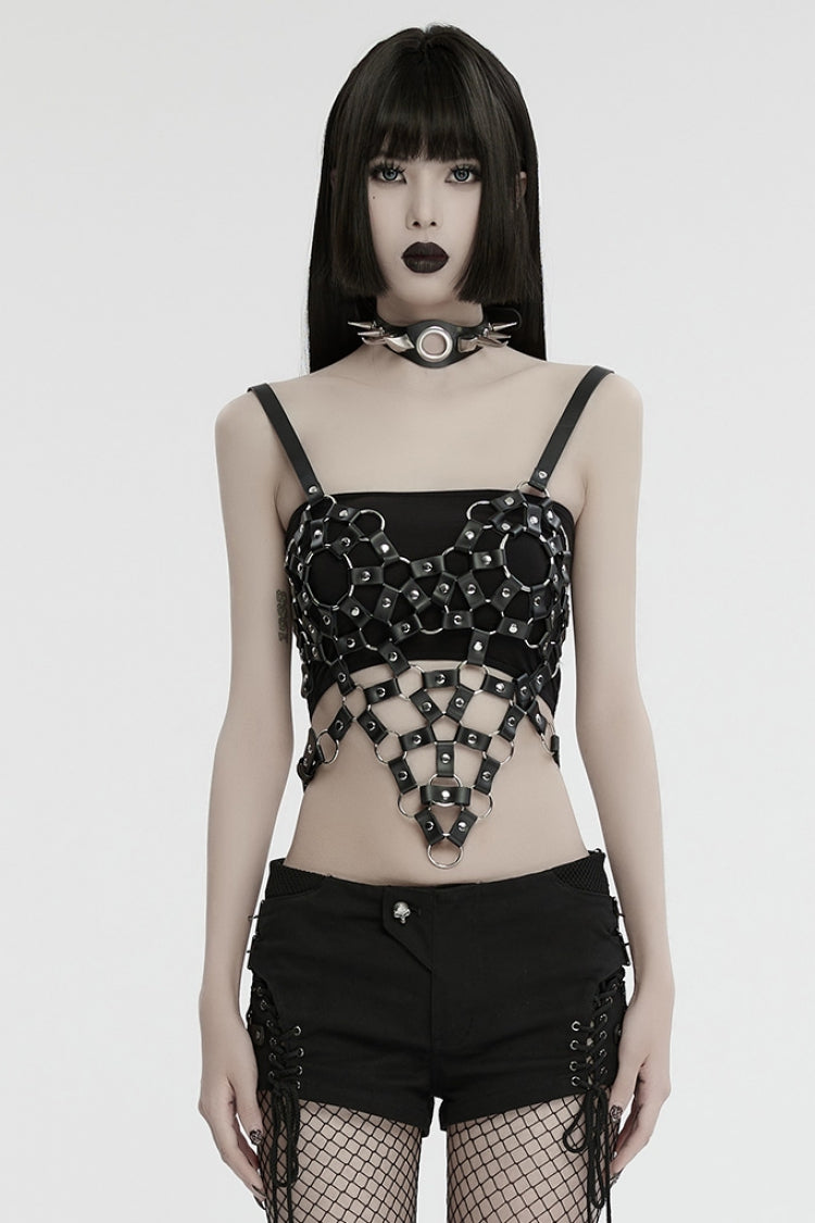 Black Faux Leather Stitching Cutout Ring Women's Punk Crop Top - Black - 1