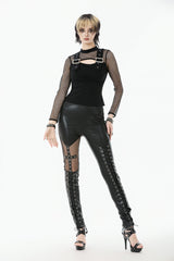 Black Cross Lace-Up PU Sheer Mesh Women's Gothic Punk Pants - Black - 1