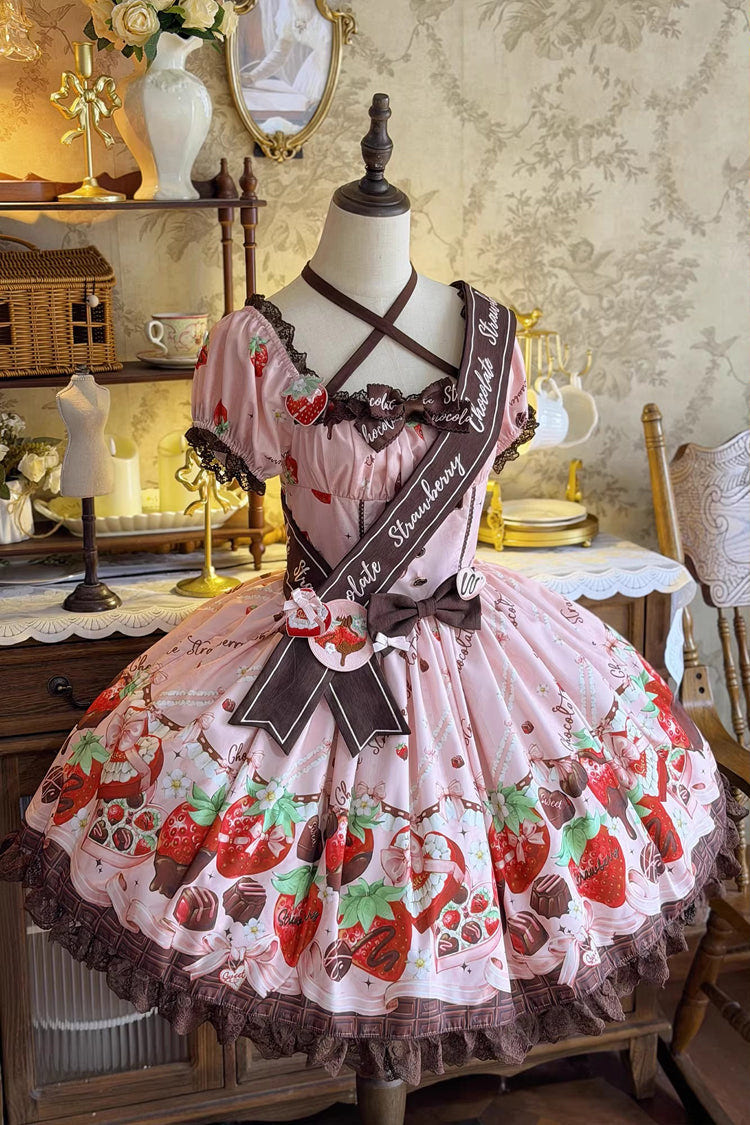 ピンク [Strawberry Chocolate Lover] スクエアカラー 半袖 プリント フリル リボン レース スウィートロリータワンピース 商品画像