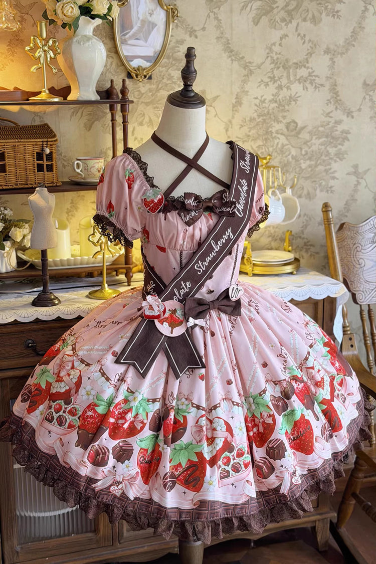 Pink [Strawberry Chocolate Lover] Square Collar Short Sleeves Printed Ruffled Bow Lace Sweet Lolita Dress - Product - 7
