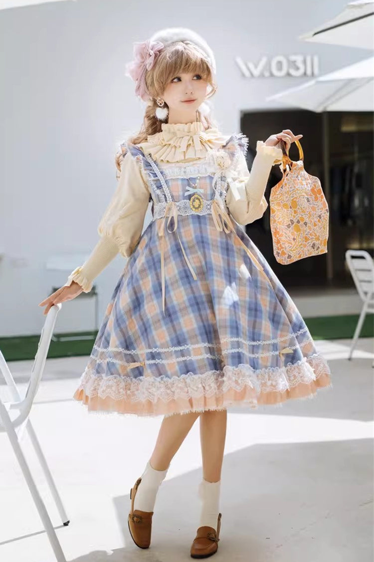 Yellow/Blue [Endless Summer] High Waisted Printed Ruffled Bow Lace Sweet Princess Lolita Jsk Dress 2 Versions - Yellow/Blue - 1