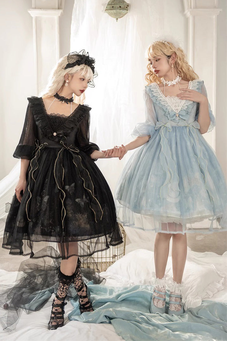 Black High Waisted Planet Butterfly Print Ruffle Lace Gothic Lolita Dress - Product - 8