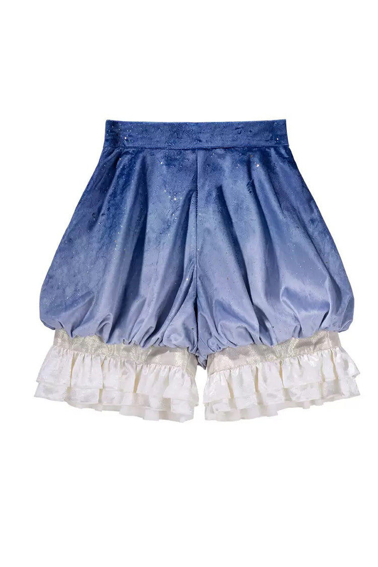 Blue Long Sleeves Ombre Ruffled Bow Ouji Gothic Lolita Swallowtail Dress Shorts Set - Shorts - 12