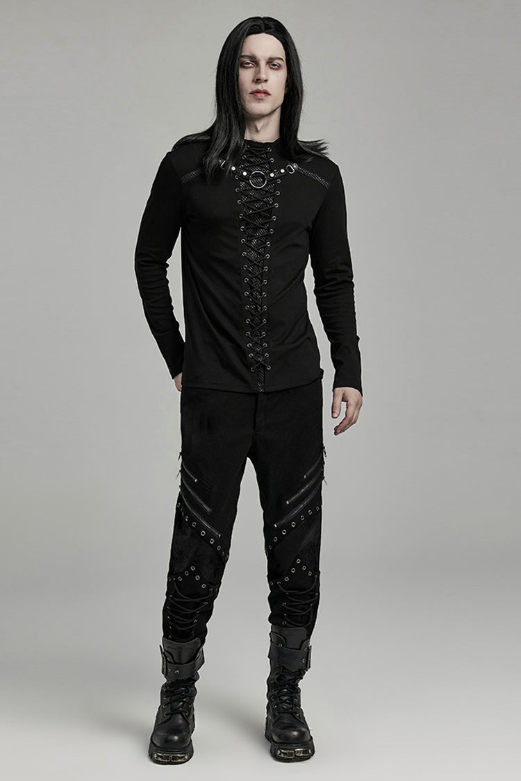 Black Long Sleeves Stitching Lace-Up Ripped Men's Punk Blouse - Product - 4
