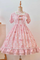 Pink Short Sleeves Melody Print Ruffle Bowknot Alice Sweet Lolita Dress - Pink - 1