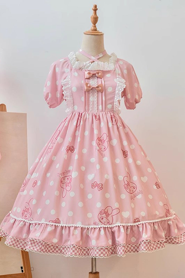 Pink Short Sleeves Melody Print Ruffle Bowknot Alice Sweet Lolita Dress - Pink - 1