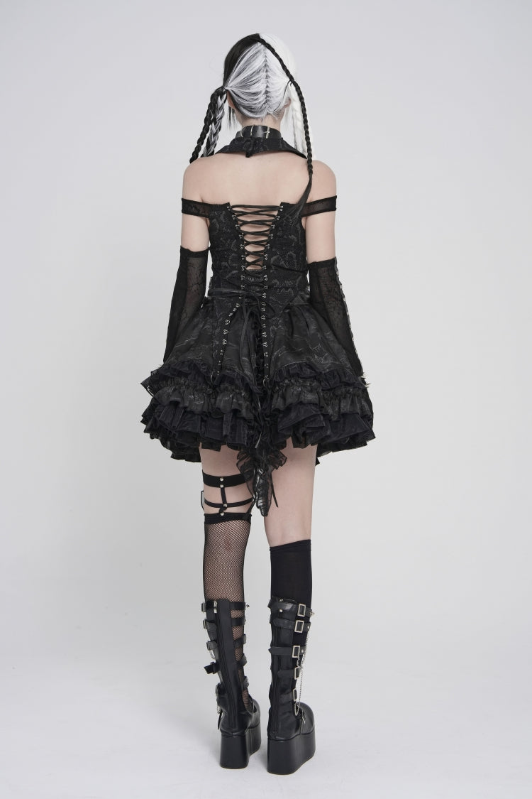 Black Off Shoulder Lace-Up Irregular Chain-Decorated Women's Punk Vest - Product - 2
