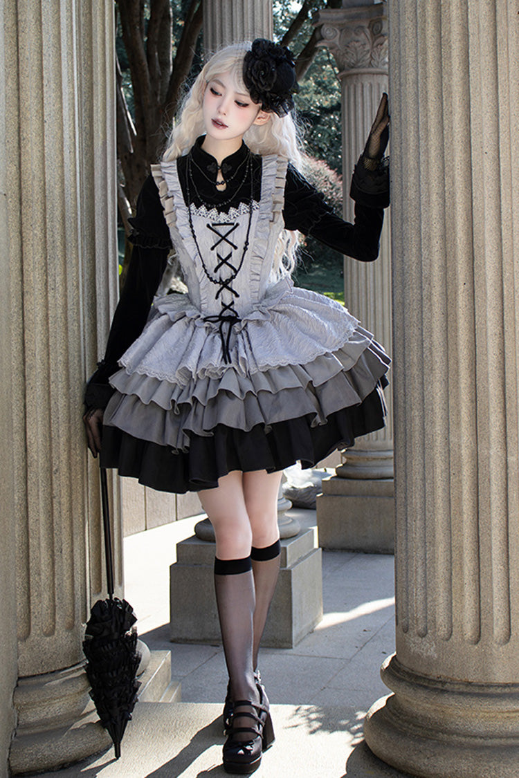 Black/Grey Witch Long Sleeves Gradient Multi-Layered Ruffle Bowknot Lace Gothic Chinese Style Lolita Dress - Black/Grey - 1