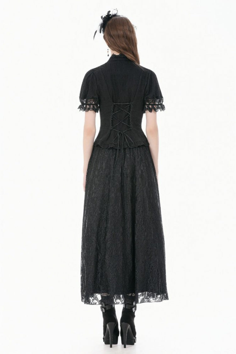 Black Stand Collar Short Puff Sleeves Sheer Lace Lace-Up Women's Gothic Blouse with Detachable Bowknot - Product - 13