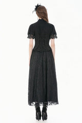 Black Stand Collar Short Puff Sleeves Sheer Lace Lace-Up Women's Gothic Blouse with Detachable Bowknot - Product - 13