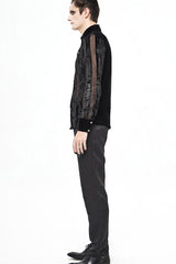 Black Striped Velvet Fold Mushroom Metal Buckles Long Sleeve Irregular Men's Gothic Shirt - Product - 8