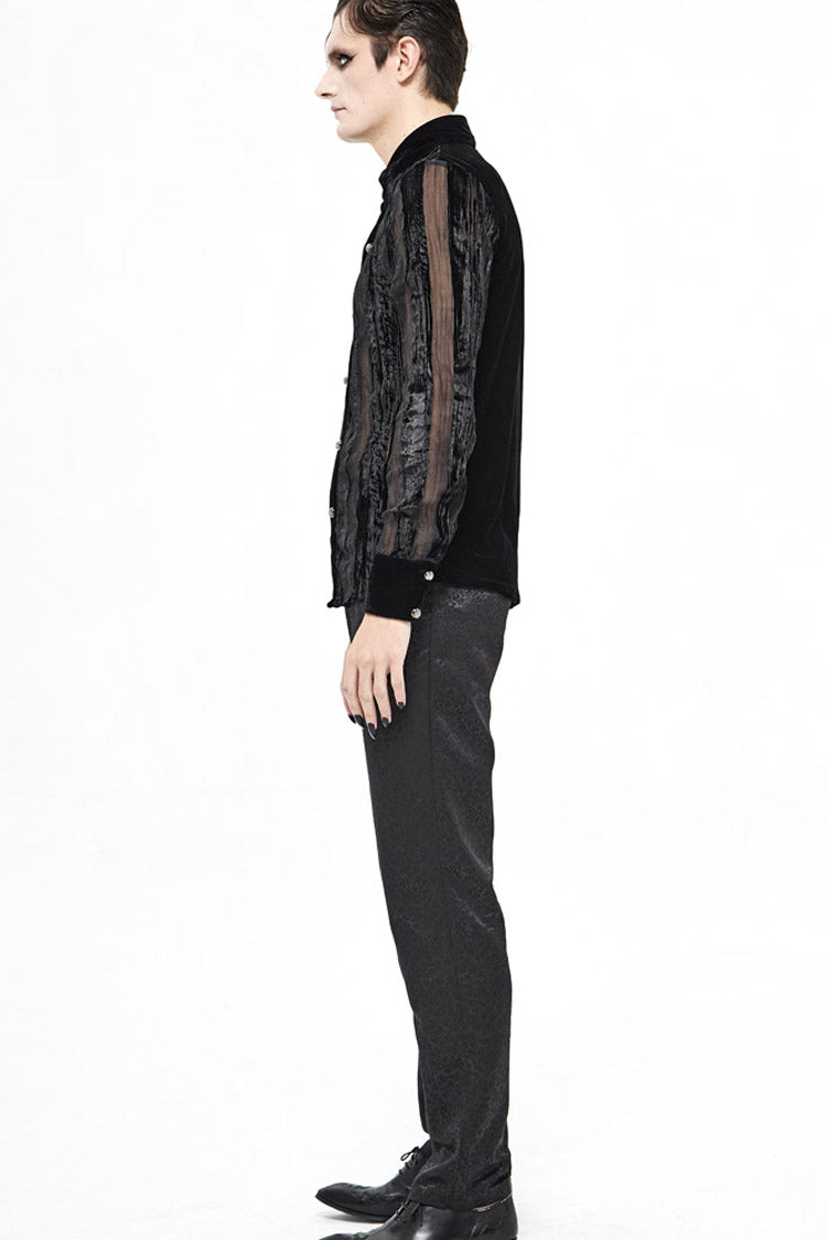 Black Striped Velvet Fold Mushroom Metal Buckles Long Sleeve Irregular Men's Gothic Shirt - Product - 8