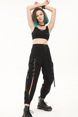 Black Punk Multi Pocket Skull Head Decoration Trouser Leg Opening Tie Women's Long Pants - Product - 7