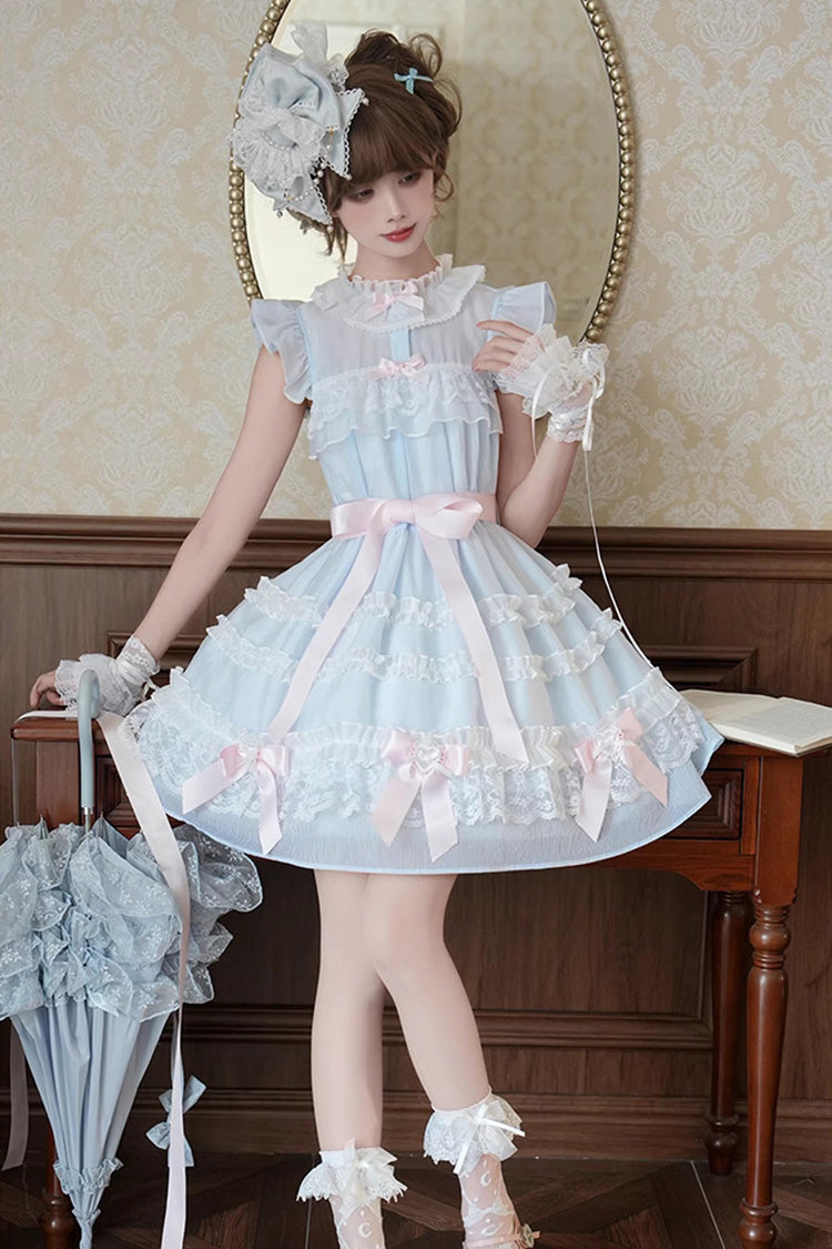 Blue [Frosted Cake] Stand Collar Sleeveless Ruffled Bow Lace Sweet Japanese Princess Lolita Tiered Dress - Product - 8