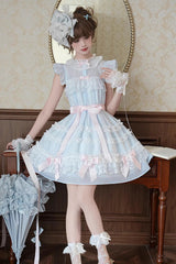 Blue [Frosted Cake] Stand Collar Sleeveless Ruffled Bow Lace Sweet Japanese Princess Lolita Tiered Dress - Product - 8