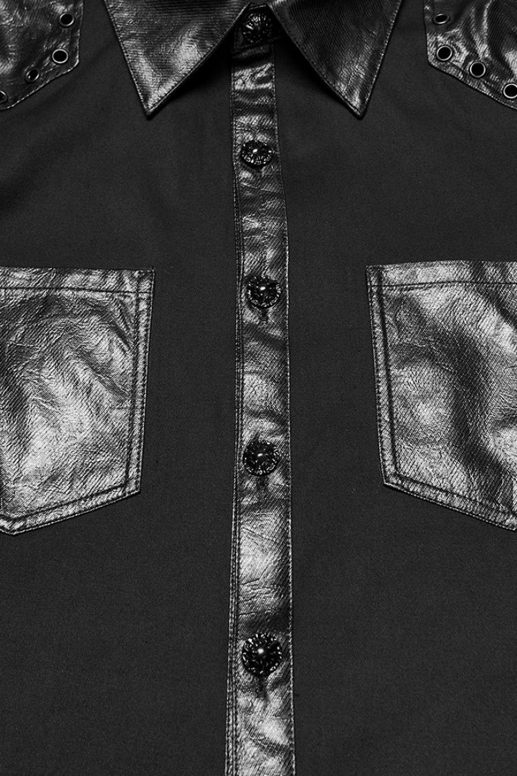 Black Lapel Collar Long Sleeves Stitching Eyelet Men's Punk Blouse - Product - 6