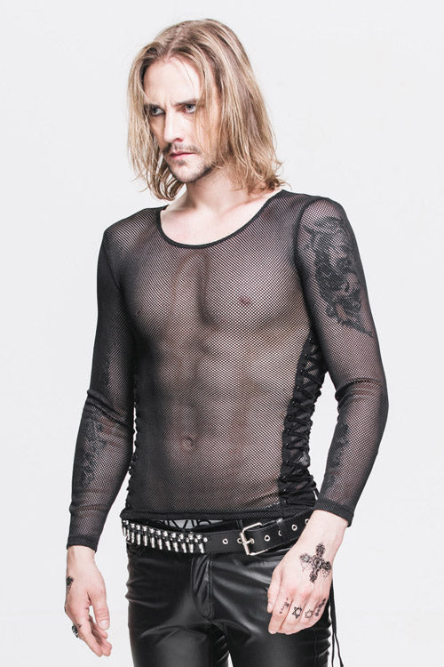 Black Diamond Shaped Mesh Round Neck Long Sleeves Mens Punk T-Shirt - Product - 4