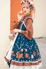 Blue/Brown Christmas Bread Squirrel Gift Print Cardigan Bowknot Multi-Layer Ruffled Sweet Lolita JSK Dress - Product - 3