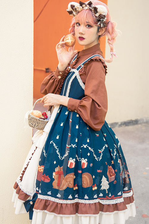 Blue/Brown Christmas Bread Squirrel Gift Print Cardigan Bowknot Multi-Layer Ruffled Sweet Lolita JSK Dress - Product - 3