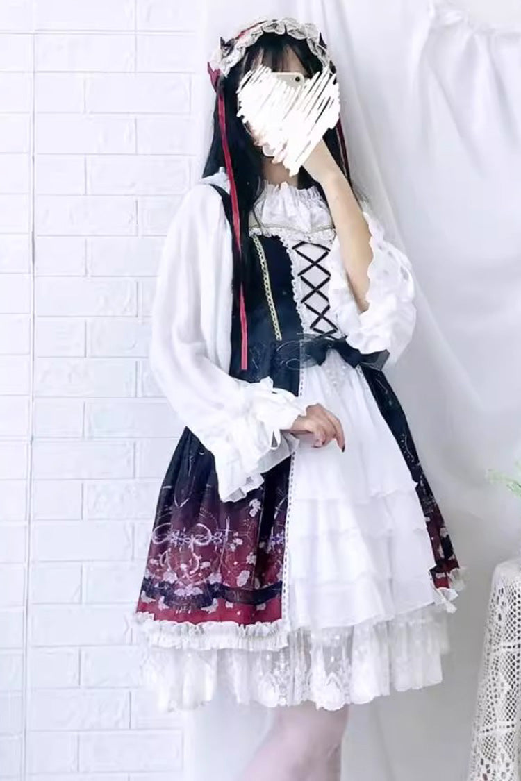 Black/Red Sleeveless Gradient Print Ruffle Cardigan Bowknot Lace-Up Sweet Elegant Lolita Jsk Dress - Product - 4