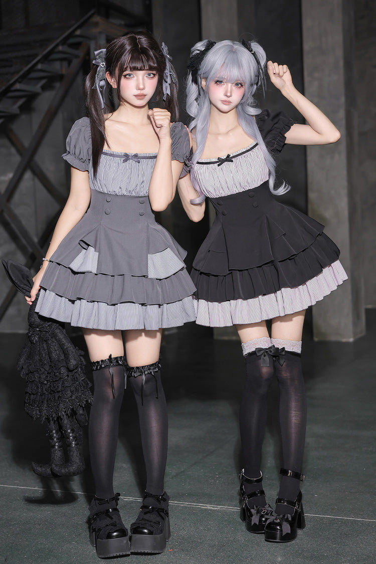 Classic Square Collar Halterneck Short Sleeves Triple-Layered Printed Ruffled Bow Cool Lolita Dress Set 2 Colors(Black, Grey) - Grey - 1