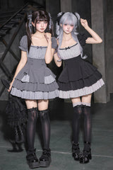 Classic Square Collar Halterneck Short Sleeves Triple-Layered Printed Ruffled Bow Cool Lolita Dress Set 2 Colors(Black, Grey) - Grey - 1