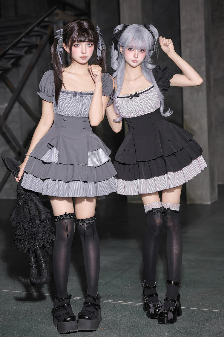 Classic Square Collar Halterneck Short Sleeves Triple-Layered Printed Ruffled Bow Cool Lolita Dress Set 2 Colors(Black, Grey) - Grey - 1