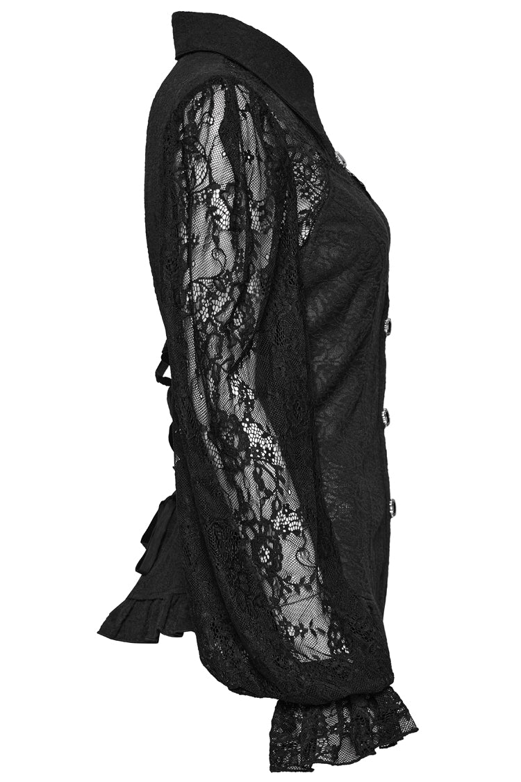 Black Lapel Collar Puff Sleeves Ruffle Stitching Lace Women's Gothic Blouse - Product - 6