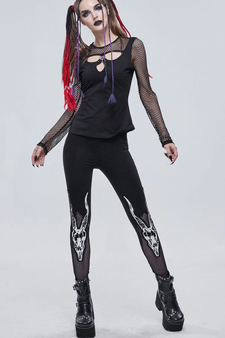 Black Gothic Stretch Knitted Fabric Spliced Mesh Devil Sheep Head Pattern Printing Women's Leggings - Product - 8