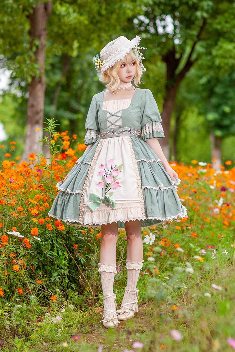 Tulip Print Embroidery Short Sleeves Multi-layer Sweet Elegant Lolita Jsk Dress 3 Colors - Product - 2